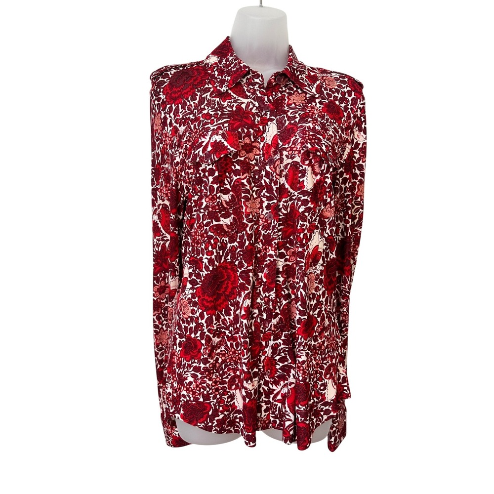 Tory Burch Red Floral Butterfly Rayon Button Down‎ Shirt Epaulettes 38152192 M